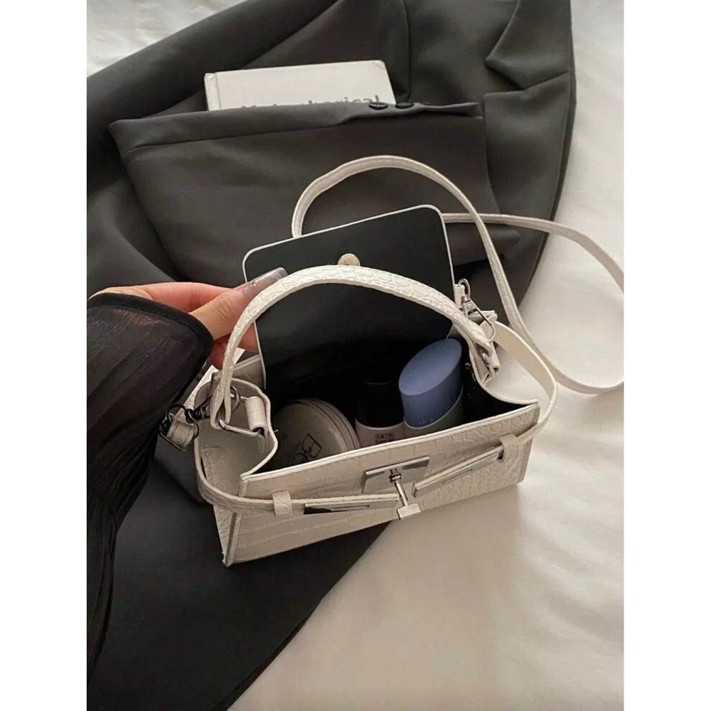 White Croc Embossed Mini Top Handle Crossbody Bag Silver Hardware Turn Lock‎
